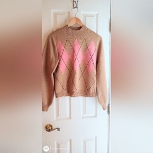 New York & Company Tan and Pink Argyle Sweater